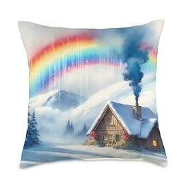 Rainbow Behind Snowy Mountain Cabin With Chimney. Cozy Throw Pillow