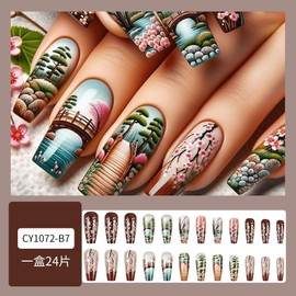 Plum Blossom Press on Nails Long Coffin Fake Nails Coffee Color Gradient Glue on Nail Art Flowers Acrylic Nails Supplies 24Pcs DIY False Nails Ballerina Glossy Summer Spring Manicure Artificial Nails