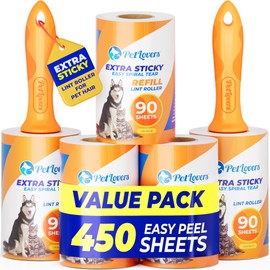 PetLovers Extra Sticky Lint Roller Mega Value Set 450 Sheets for Pet Hair Removal, Dog and Cat Lint Remover 5 Pack Orange