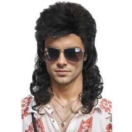 BERON Mullet Wigs for Men 80s Men Wig Black Wig Costume Party Accessory Cosplay Wig with Wig Cap