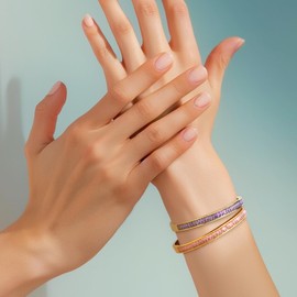 Frigotine Gold Rhinestone Bangles Bracelets for Women, Trendy Chunky Purple Crystal Stainless Steel Stackable Cuff Bracelet Wedding Prom Fashion Jewelry Gift