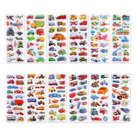 Lotsdonxia 12 Sheets 3D Puffy Car Stickers, 200+ Pcs Vehicle Theme Waterproof Removable Decals for Kids' DIY Crafts, Party Bag Fillers & Scrapbooking Activities