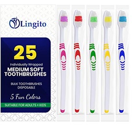 25 cepillos de dientes a granel, envueltos individualmente, juego de cepillos de dientes desechables manuales para adultos o niños, hecho con una cabeza mediana suave y grande, multicolor, juego de artículos de aseo de viaje oral