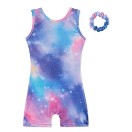 HOZIY Gymnastics Leotards for Girls with Shorts Biketards Dance Tumbling Outfits Matching Scrunchies 1-12 Years Old, B Galaxy Starry, 5/6 Years