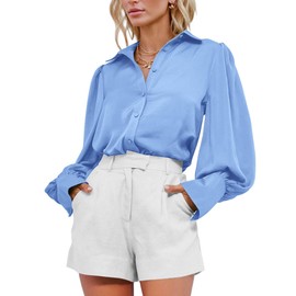 BTFBM Women Satin Button Down Shirts Summer Spring Lantern Long Sleeve Lapel V Neck Blouse Loose Casual Office Work Tops(Blue, X-Large)