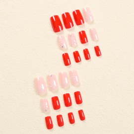 Christmas Press on Nails Short Square Winter Fake Nails Red Full Cover White Snow False Nails with Designs Rhinestones Glossy Glue on Nails Acrylic Manicure Artificial Nails for Women Girls 24Pcs