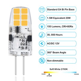 Hanbaak G4 LED Bulb, G4 Bi Pin Base 20W Equivalent Light Bulb, Soft White 2700K, Non-Dimmable, 5-Pack
