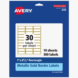 Avery Printable Address Labels, 1" x 2-5/8", Matte White with Metallic Gold Borders, Permanent, Laser & Inkjet Compatible, 300 Blank Mailing Labels, Great for Weddings, Favors, and More (06540)