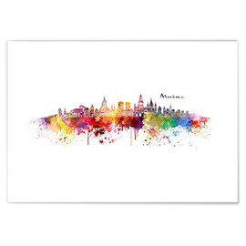 JUNIWORDS Poster with/without wooden frame, choose a motif, watercolour skyline Mainz, choose a size, 21 x 30 cm (S) without frame