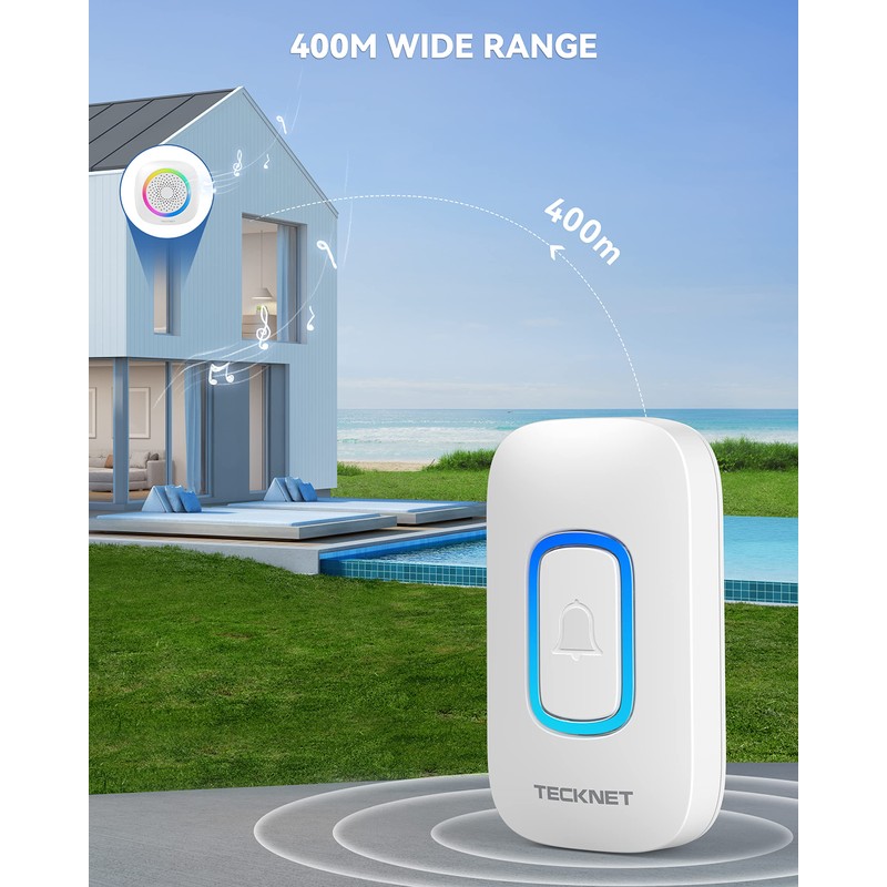 TECKNET Wireless Doorbell, 2 Transmitters 2 Receivers Door Bell Battery
