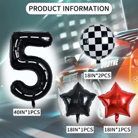 TONIFUL 40 Inch Race Car 5th Birthday Balloons - Racetrack Number 5, Wheel Tire, Black White Checkered, Star - Boys Car Themed Party Decor