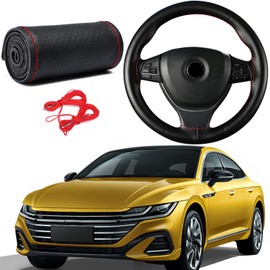 FUTLU 1PC Leather Steering Wheel Cover,Stitch on Wrap,DIY Sewing with Needle Thread,Anti-Slip Car Steering Wheel Protector for Max Diameter 15 Inch(Hole-Black&Red Line)