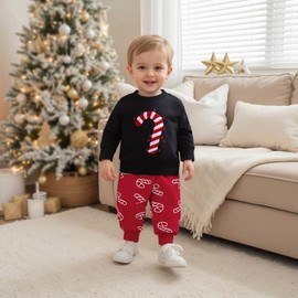 MAHUAOYIXI Toddler Boys Christmas Outfits Long Sleeve Candy Cane Embroidery Sweatshirt Pullover and Elastic Waist Sweatpants 2Pcs Tracksuit Set Baby Boy Christmas Clothes (Black, 6-12 Months)
