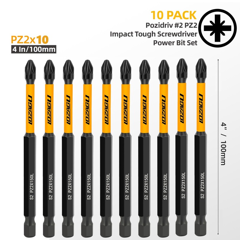 LOZAGU 10-Piece 100mm PZ2 Magnetic Screwdriver Impact Bits Set, Pozi