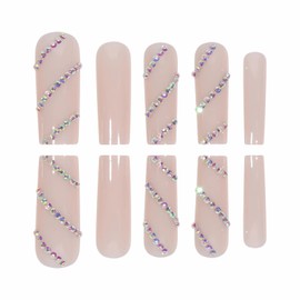MISUD Press on Nails Long Square Fake Nails Glossy Glue on Nails Nude Acrylic Nails Squoval Artificial Nails Luxury Rhinestone Stick on False Nails with Design 24 pcs