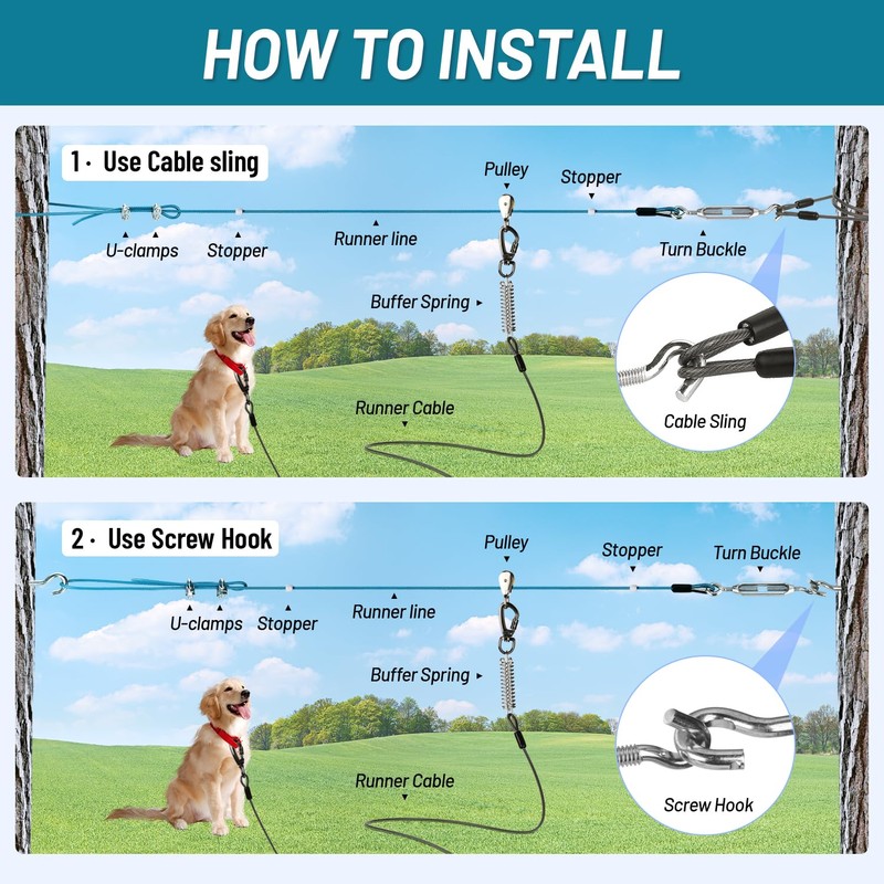 Dog Runner for Yard, Heavy Duty 100FT Dog Runs for