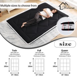 Welnow Japanese Futon Floor Mattress, Thick Full Size Tatami Mat Portable & Foldable Roll Up Floor Bed Mattress with Storage Bag, Sleeping Pad for Adults, Dorm, Guest Bed, Camping and Travel, Black
