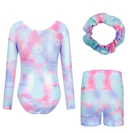 Sanshaion Gymnastics Leotard for Girls, Long Sleeve/Sleeveless Dancewear Leotards Athletic Shorts & Headband Colorful Sparkly Dancing Custume for 5-12 Years (Tie-Dye-Long, Tag 6A(5-6 Years))