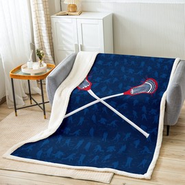 Lacrosse Fuzzy Throw 50"x60" Sports Ball Game Flannel Fleece Blanket for Sofa Couch - Soft Sherpa All Season Gaming Sports Plush for Women Men Lacrosse Lovers - Navy Blue