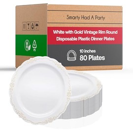 Smarty Had A Party Vintage Plates Collection White with Gold 80pcs Disposable Dinner Plates (10" Round, Glossy, Solid Pattern, Perfect for Weddings, Anniversaries & More)