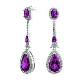 Art Deco Style CZ Teardrop Fashion Statement Simulated Amethyst Purple Chandelier Earrings For Women Wedding Prom Silver Plated