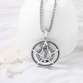 Aniu Sterling Silver Pentagram Necklace Snake Winding The Seal of Star Wiccan Punk Pendant for Men Women Jewelry Gift