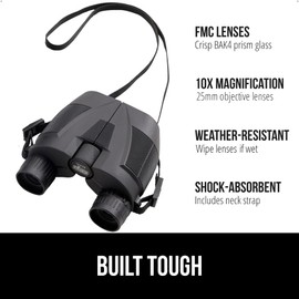 GORILLA GRIP 10x25 Compact Binoculars for Adults with Strap, Superior High Powered Clear 10X Magnification, Lightweight, Bird Watching, Hunting, Stargazing, Adjustable Eye Cups, Black