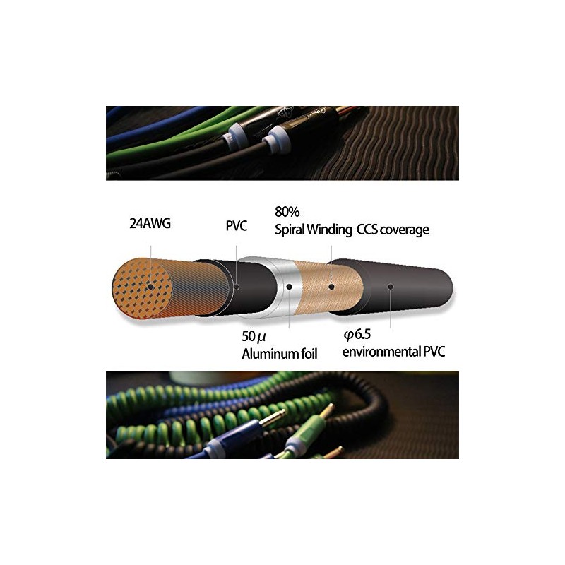 Aestivate Guitar Coil Cable Base Shielded Curl Cord 6.35mm Stereo