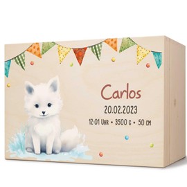 GRAVURZEILE Erinnerungskiste für Babys - Partytiere Schneefuchs- Personalisiert mit Name & Datum - Holzkiste für Mädchen & Jungen - Geschenk für Baby zur Geburt - Erinnerungsbox für Neugeborene