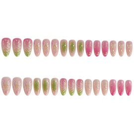 Almond Press on Nails Medium 3D Floral Fake Nails Pink&Green False Nails with Flower Pearls Water Drop Designs Pretty Acrylic Nail Glossy Glue on Nail for Women Girls 30Pcs