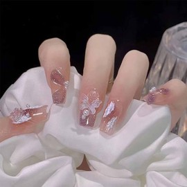 24Pcs Press on Nails Long Coffin Fake Nails Artificial Glossy Rose False Nails Full Cover Fake Nail Glue on Nail for Women with Flower Design Removable Acrylic Nail Daily Wear DIY Design