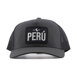 PeruCoUSA Peru Est 1821 Hat — Trucker Mesh Snapback Patch Cap — Adjustable — Gorras de Peru (Charcoal)