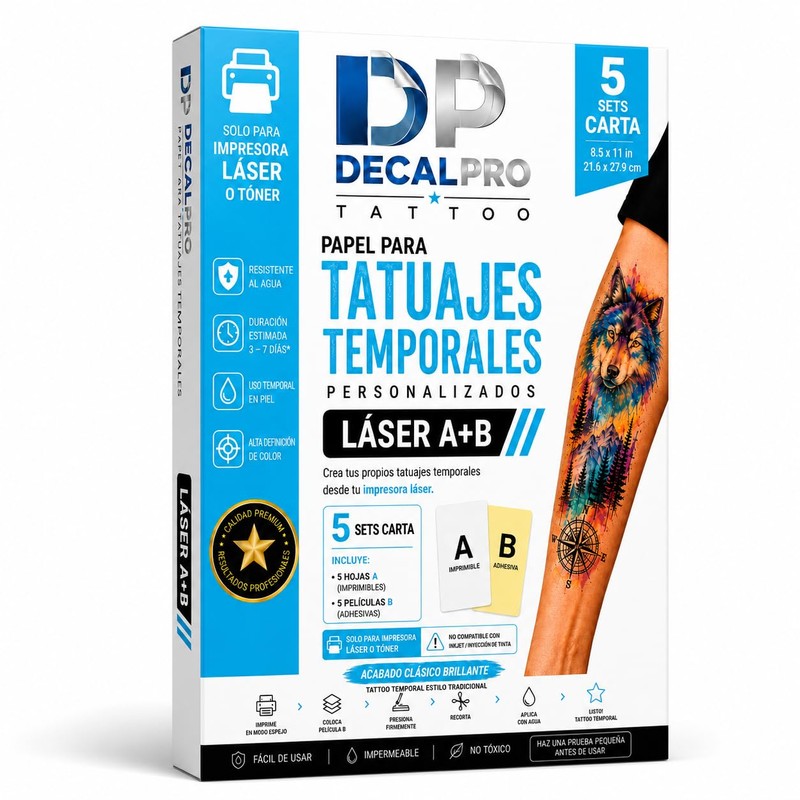 Papel para Tatuajes Temporales Láser A+B 5 Sets Carta Hojas