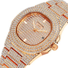 PINTIME Mens Diamond Watches Luxury Unisex Silver Gold Iced-Out Bling CZ Crystal Fashion Quartz Stainless Steel Women's Wristwatches