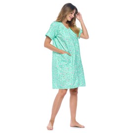 Casual Nights Womens Snap Front House Dress Short Sleeve Woven Housecoat Duster Lounger Robe, Garden Green, Large