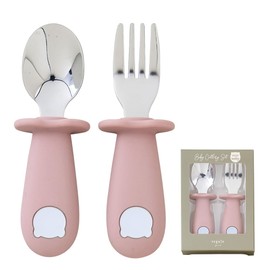 regalo Baby Spoon and Fork Set, Weaning Food, Eat Yourself, Easy to Grip, Practice, Over 10 Months, SUS316L Stainless Steel Baby Cutlery Set (Ash Rose (Teddy))