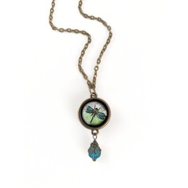 Reversible Dragonfly Glass Cabochon Pendant Necklace With 18" Chain