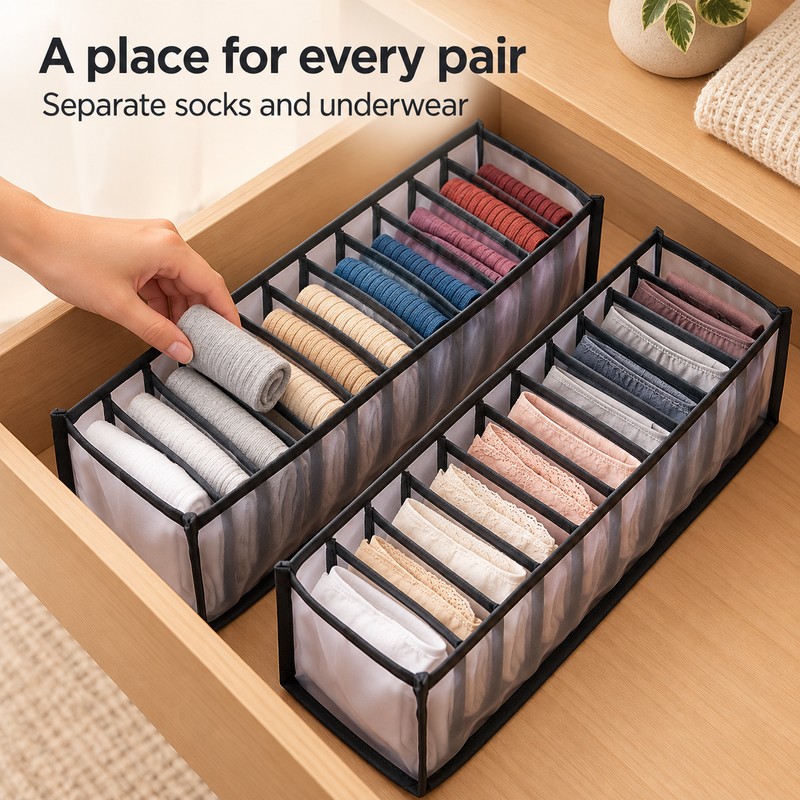 11-Grid Drawer Organizer for Underwear & Socks – 2 Pack
