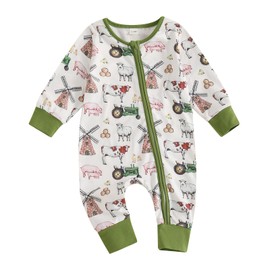 Chloefairy Newborn Baby Boy Farm Clothes Tractor Country Animal Long Sleeve Romper Zipper Jumpsuit One Piece Fall Outfit (White, 3-6 Months)