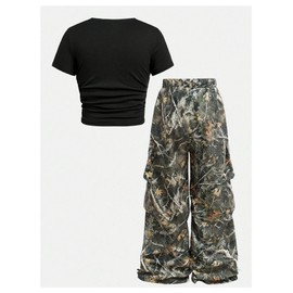 RoseSeek Girl's 2 Piece Summer Outfits Short Sleeve Ruched Basic Tess and Camo Cargo Pants Sets Trendy Black 12Y