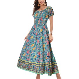 OSTOO Women's 2025 Summer Short Sleeves Boho Floral Print Tiered Casual Flowy Long Maxi Dress(Green,XL)
