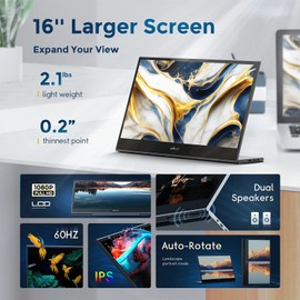 Mobile Pixels Glance 16" 1080P FHD Travel Monitor for Laptop, Portable Monitor HDMI USB Type C Connection, Tilt Adjustment & Non-Slip Portable Computer Screen with Dual Speakers for PC, macOS, Windows