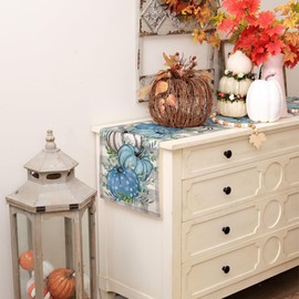 ARKENY Fall Grey Buffalo Plaid Blue Pumpkin Eucalyptus Leaves Table Runner 13x90 Inches, Thanksgiving Holiday Indoor Outdoor Table Decoration for Home