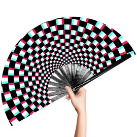 OMyTea Large Rave Clack Folding Hand Fan for Men/Women - Chinese Japanese Bamboo Handheld Fan - for EDM, Music Festival, Club, Event, Party, Dance, Performance, Decoration, Gift (Illusion Checkered)
