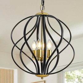 Xyndraph 17” Modern Black and Gold Chandelier for Dining Room - 4-Light Industrial Sphere Pendant Light, Hanging Geometric Chandelier for Kitchen, Entryway, Foyer, Stairs
