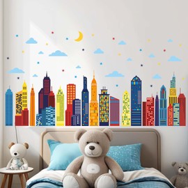 Amimagen Colorful City Skyline Wall Stickers - City Building Silhouette Wall Decals - Boys Nursery Kids Bedroom Living Room Wall Decor