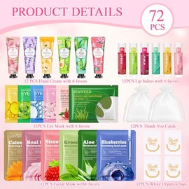 LFENYIGI 72 piezas de regalos a granel para mujeres, mascarillas faciales a granel, bálsamos labiales, cremas de manos y parches para el contorno de o