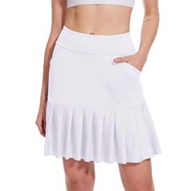 MOTEEPI 19 Inch Golf Skirts for Women Knee Length Ruffle Hem Skirt Tennis Skirt Athletic Skort for Workout Running, White
