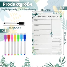 A4 Weekly Planner, Wipe-Clean, Sticky Household Planner, Meal Planner, Week Menu Planner with 8 Whiteboard Pens, Reusable Shopping List to Do List, Eucalyptus Design