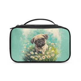Freewander Pug Daisy Makeup Bag for Women Portable Cute Cosmetic Travel Bag for Teen Girls Lightweight Large Makeup Organizer with 2 Compartments